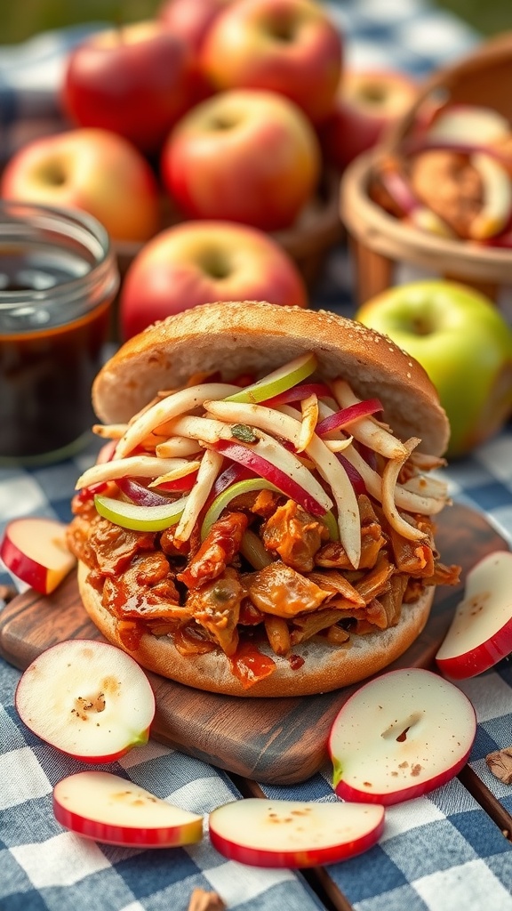 A delicious sandwich filled with pulled chicken and topped with apple slaw.