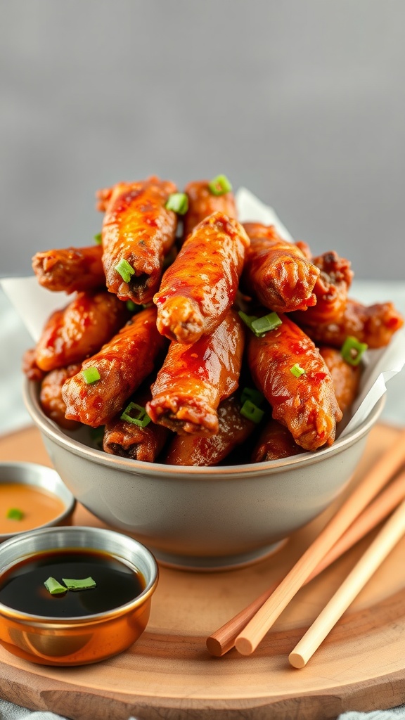 A bowl of Szechuan Pepper Chicken Wings garnished with green onions.