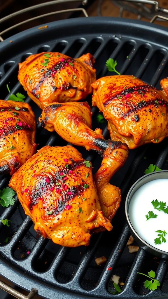Tandoori chicken thighs grilled to perfection with vibrant colors.