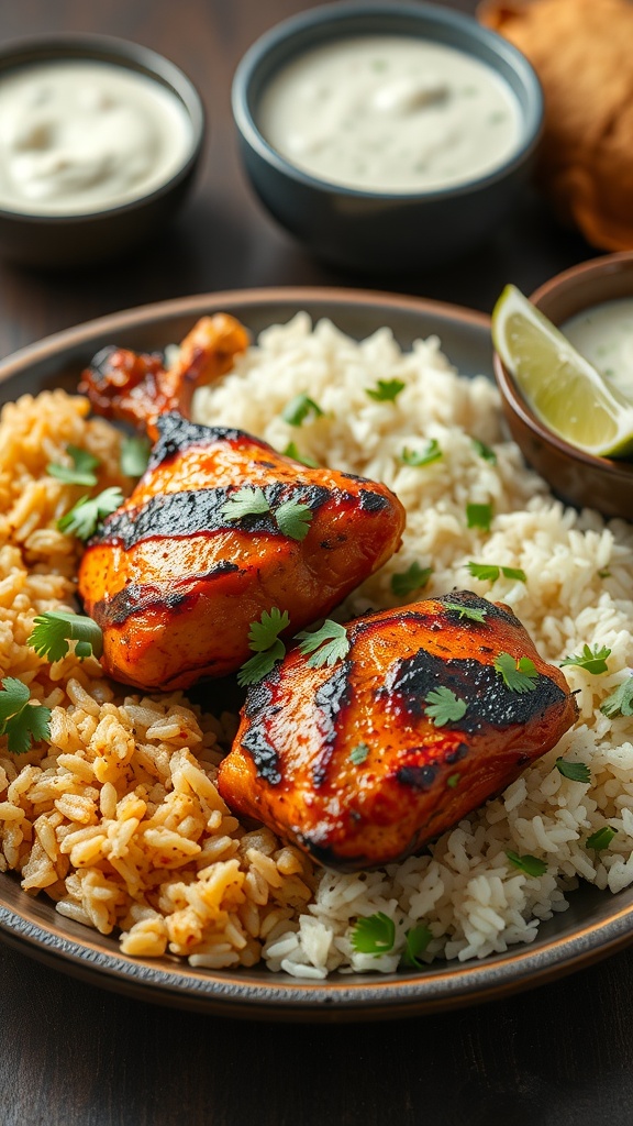 Delicious tandoori chicken served on a bed of basmati rice with garnishes.