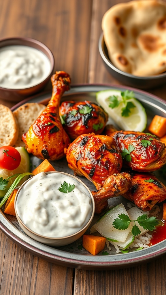 Tandoori grilled chicken served with yogurt sauce and fresh vegetables.