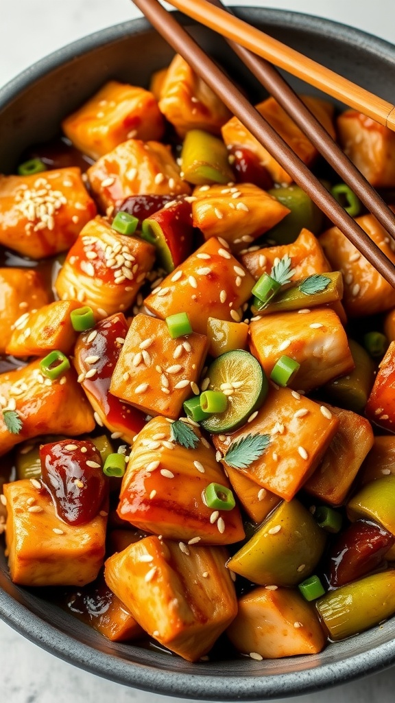 A serving of teriyaki chicken and vegetable casserole, showcasing colorful ingredients.