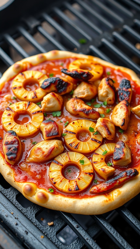 A delicious teriyaki chicken pizza topped with grilled chicken and pineapple on a crispy crust.