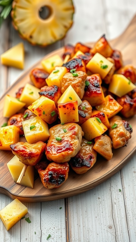 Delicious teriyaki chicken skewers with pineapple pieces, garnished with green onions.