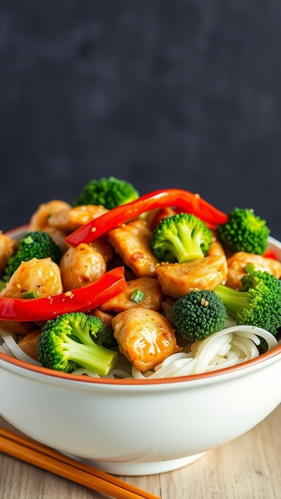 A bowl of Teriyaki Chicken Stir-Fry with broccoli and red bell pepper on top of noodles.
