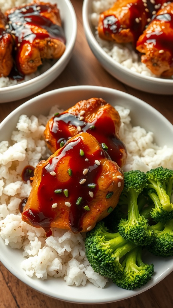 Teriyaki chicken thigh bowl with rice and broccoli