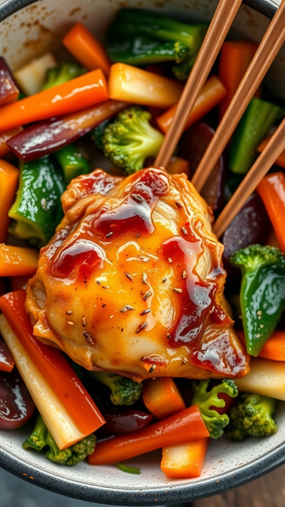 A bowl of Teriyaki Chicken Thigh Stir-Fry with colorful vegetables
