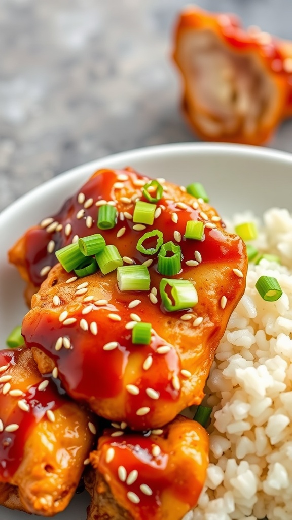 A bowl of teriyaki chicken thighs served with rice, garnished with green onions and sesame seeds.