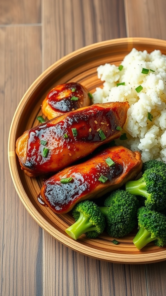A plate of teriyaki chicken thighs with rice and steamed broccoli.
