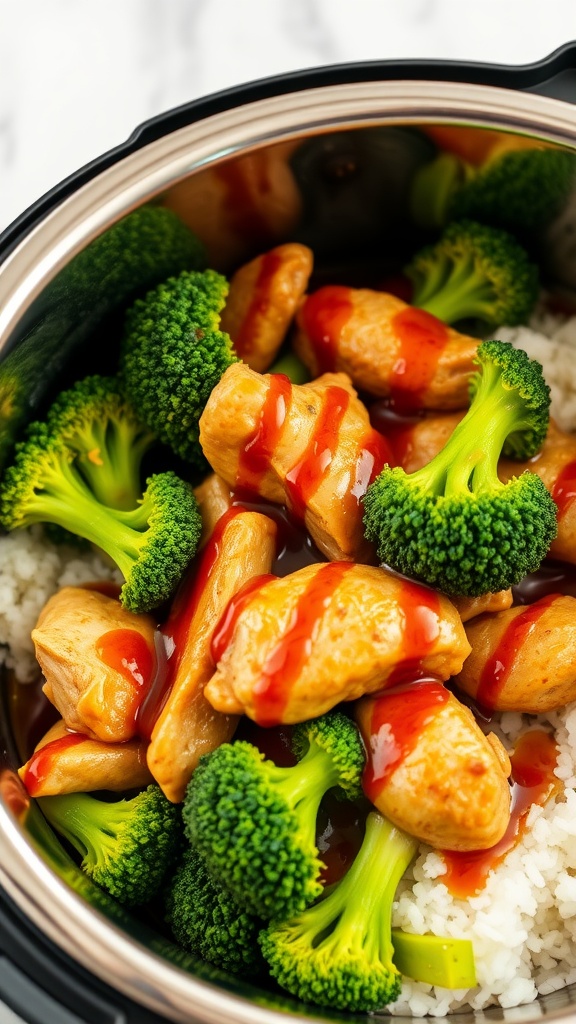 A bowl of teriyaki chicken with broccoli served over rice in an Instant Pot.