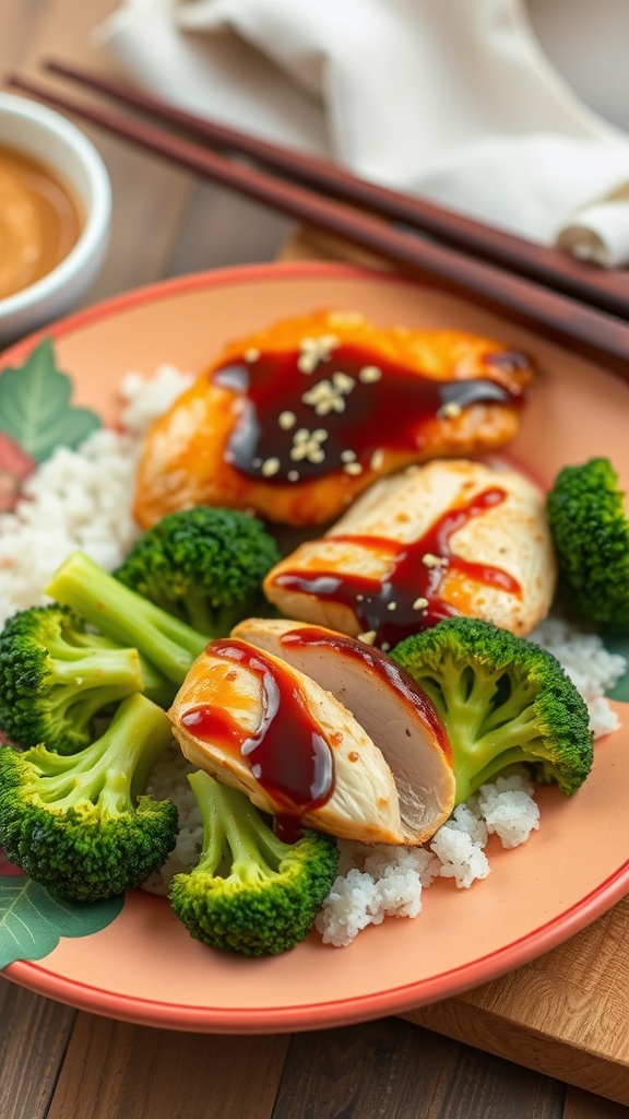 Teriyaki chicken with broccoli served on a plate with rice