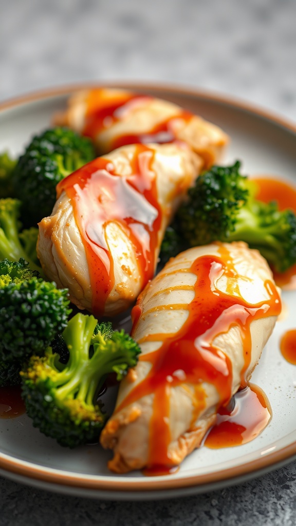 A plate of Teriyaki Chicken with Broccoli drizzled with sauce.