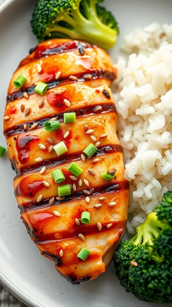 Teriyaki grilled chicken breast served with rice and broccoli.