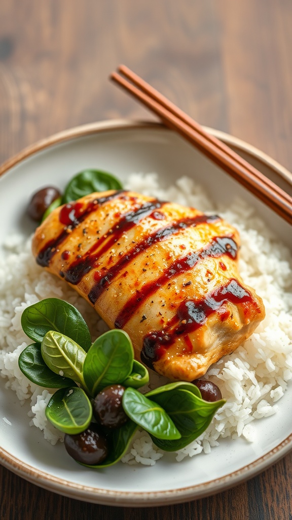 Teriyaki grilled chicken served with rice and garnished with greens