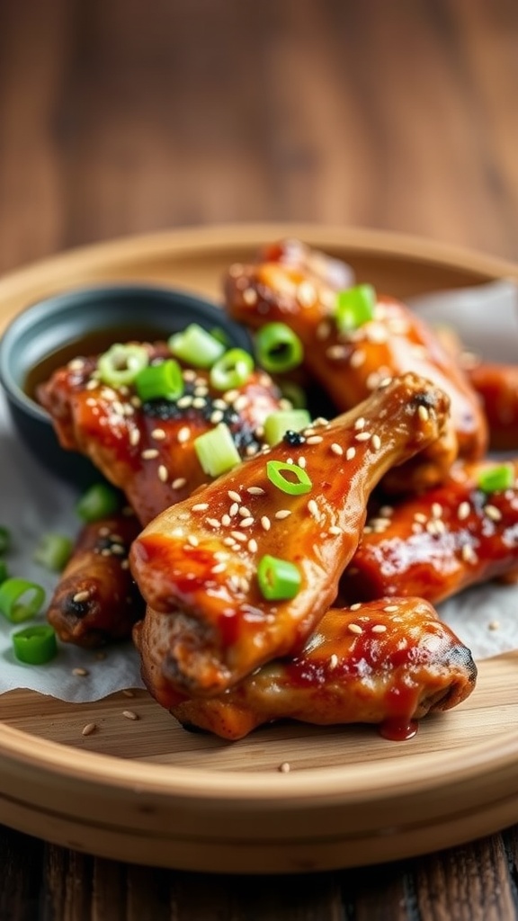 Delicious teriyaki sesame chicken wings garnished with sesame seeds and green onions.