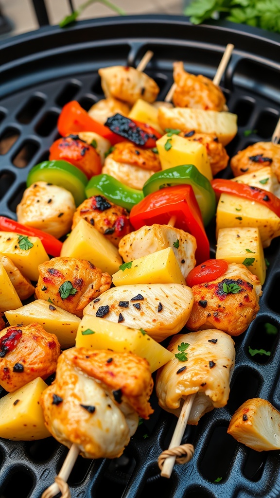 Colorful Tropical Chicken Skewers with Pineapple on a grill.
