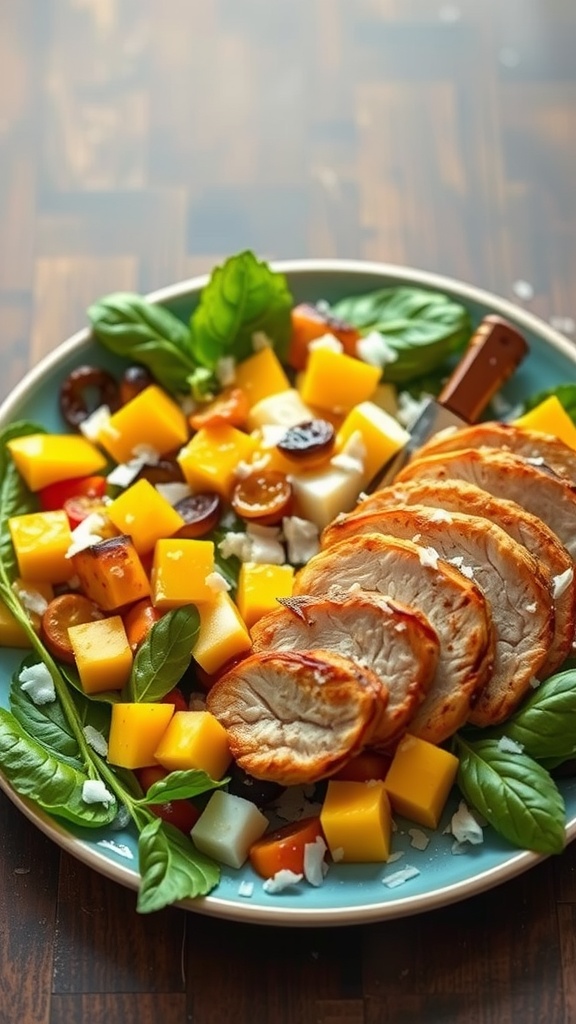 A vibrant tropical mango chicken salad featuring chicken slices, diced mango, spinach, and cherry tomatoes.