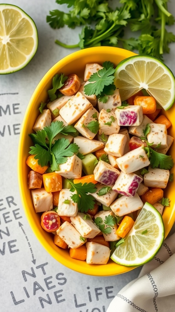 A vibrant bowl of Zesty Avocado Lime Chicken Salad with diced chicken, colorful veggies, and lime slices.
