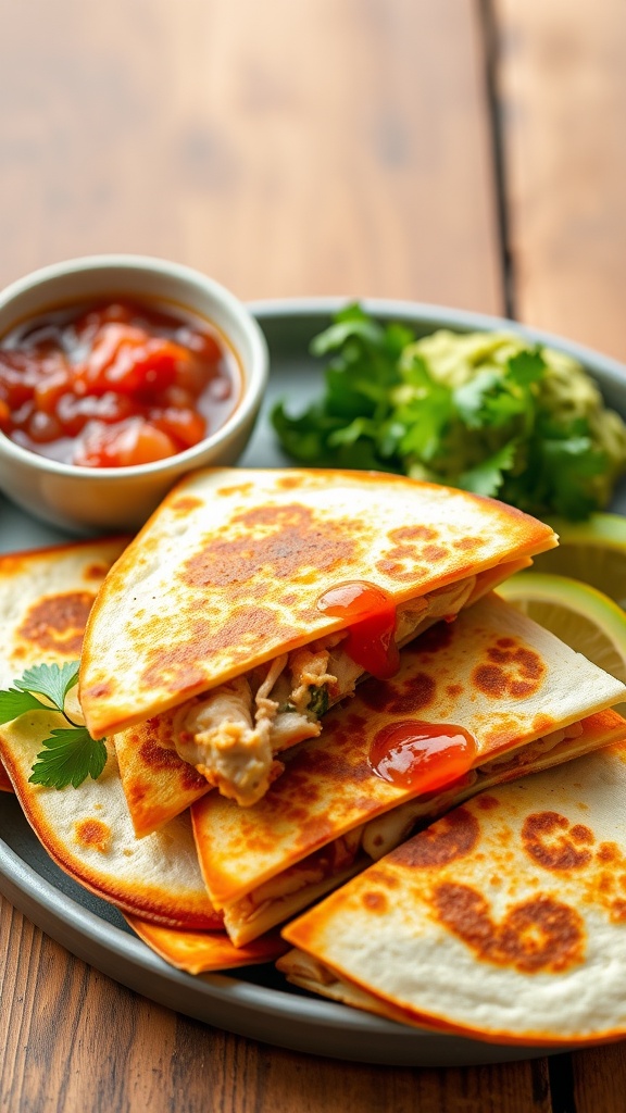 Deliciously prepared zesty chicken quesadilla slices served with guacamole and salsa.