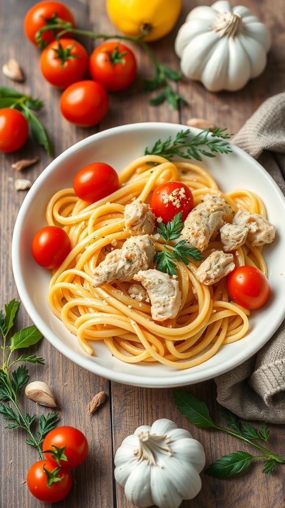 A plate of Zesty Lemon Garlic Chicken Rotini with cherry tomatoes and herbs