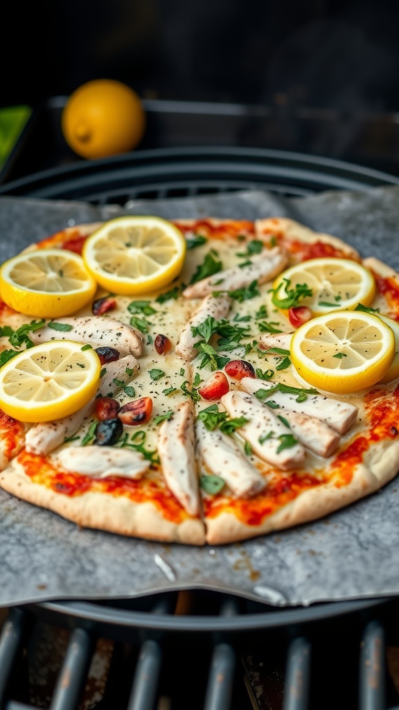 Zesty Lemon Herb Grilled Chicken Pizza with fresh herbs and lemon slices